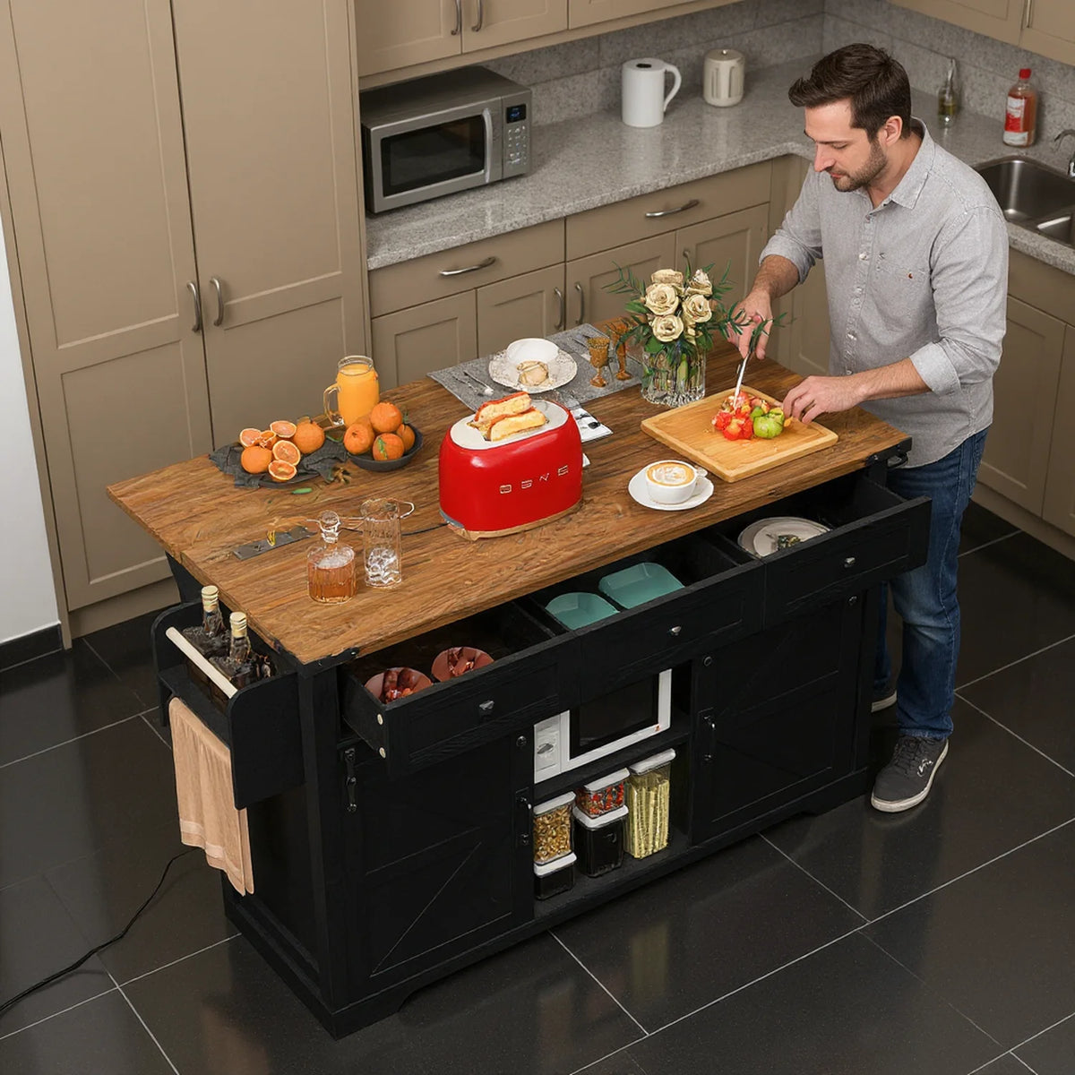 Homy Casa Farmhouse 53.7" Kitchen Island with Storage Cabinet, Sliding Barn Doors, and Wheels, White Oak