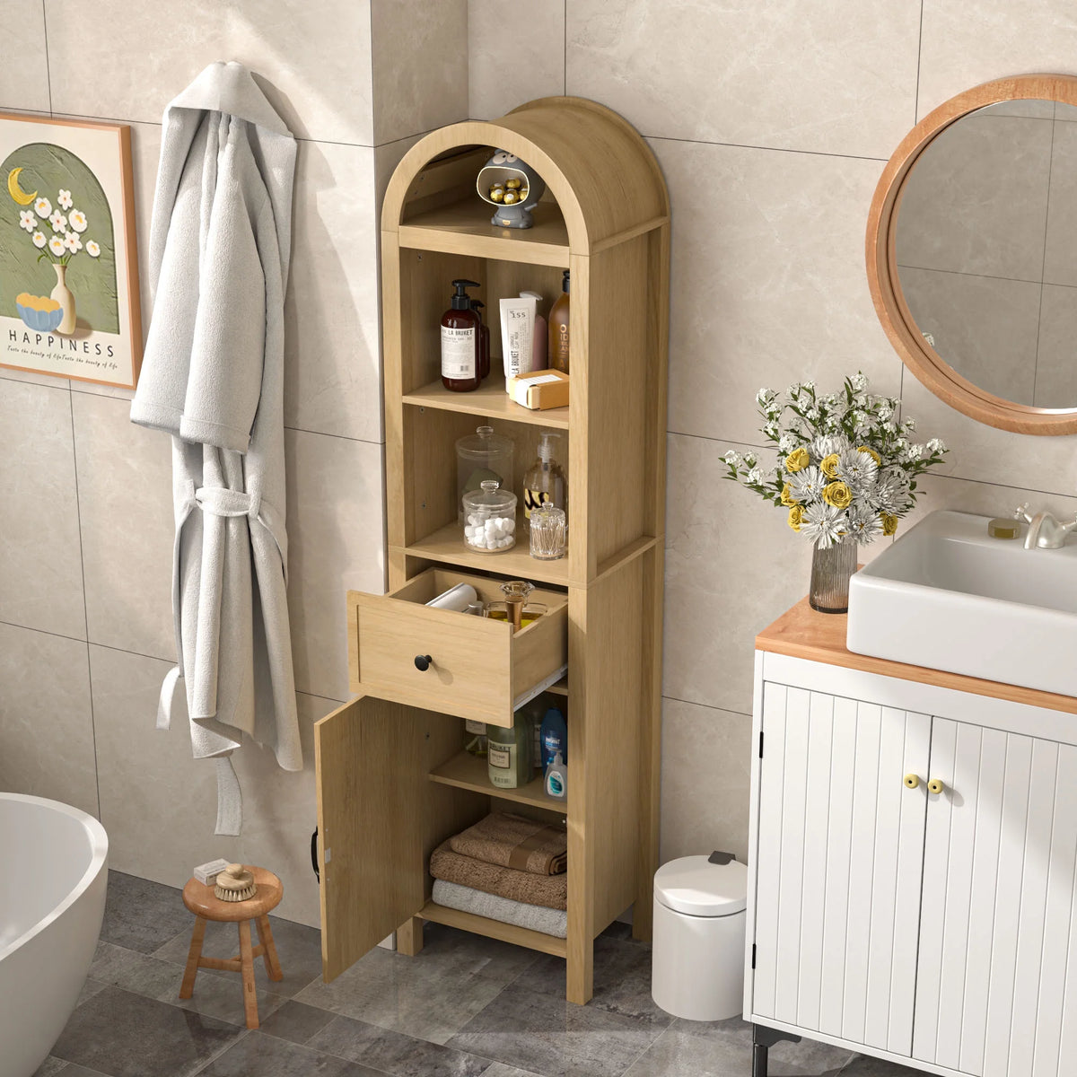 Fiogmub Tall Bathroom Storage Cabinets with Doors and Shelves, Narrow Tall Linen Cabinet with Drawer