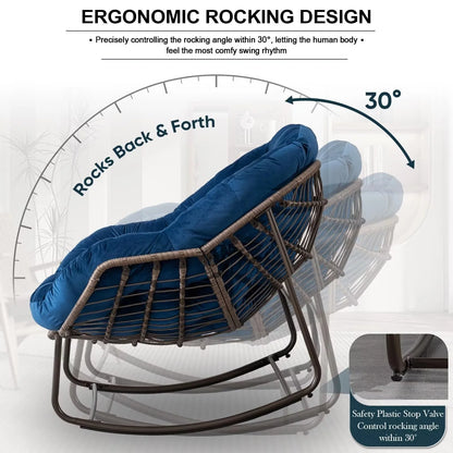 Outdoor Papasan Rocking Chair, Patio Oversized Wicker Egg Rocking Chair, Indoor & Outdoor Comfy Rocker Chair with Thick Cushion, Modern Lounge Chair for Front Porch, Garden, Backyard, Grey