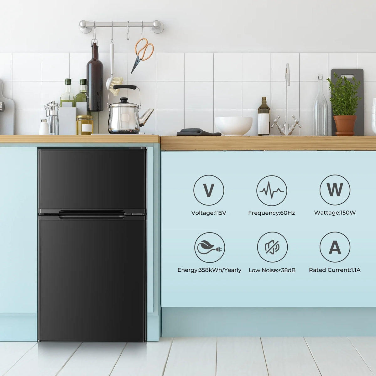 WAA Compact Refrigerator,3.2 Cu.Ft. Mini Separate Freezer Double 2-Door,Adjustable Removable Shelves for Basement, Apartment, Dorm, Office, Black