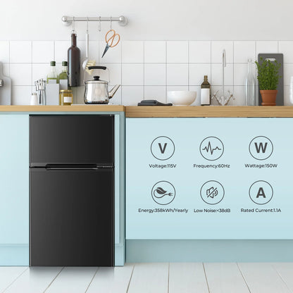 WAA Compact Refrigerator,3.2 Cu.Ft. Mini Separate Freezer Double 2-Door,Adjustable Removable Shelves for Basement, Apartment, Dorm, Office, Black