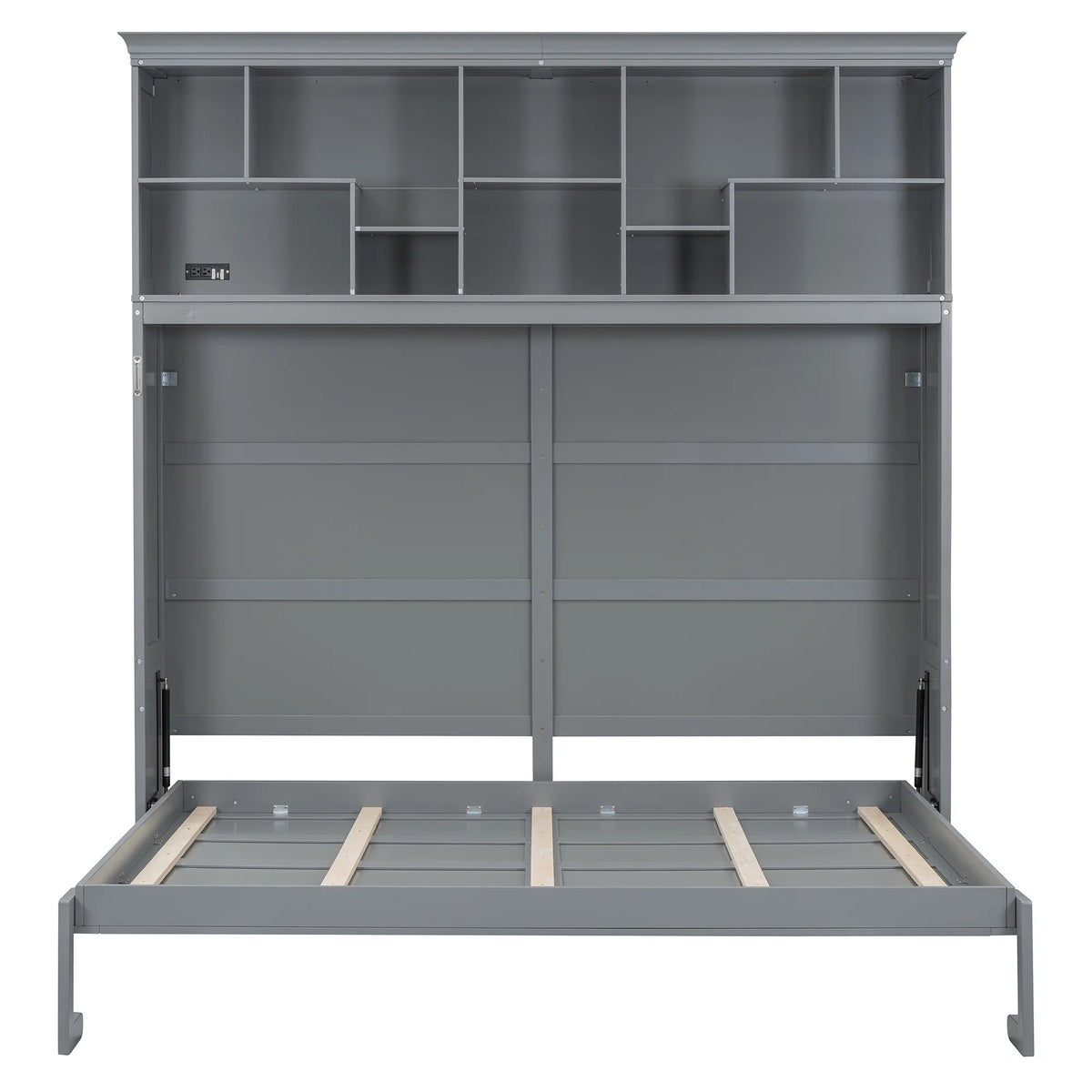 Queen Size Murphy Bed Wall Bed with Top Shelves & USB Charging, Space-Saving Cabinet Bed with Flexible Slats, Gray Modern Foldable Bed