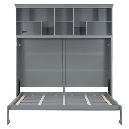 Queen Size Murphy Bed Wall Bed with Top Shelves & USB Charging, Space-Saving Cabinet Bed with Flexible Slats, Gray Modern Foldable Bed