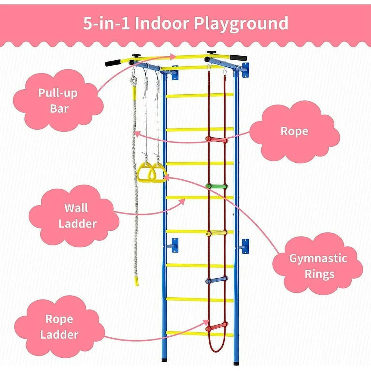 Cuoote 5 in-1 Metal Wall Ladder Stall Bars Set, Indoor Kids Gym for Exercise, Ladder Wall Set with Wall Ladder, Pull-up Bar, Climbing Rope, Gymnastic Rings, Kids Climbing Toys for Boys Girls