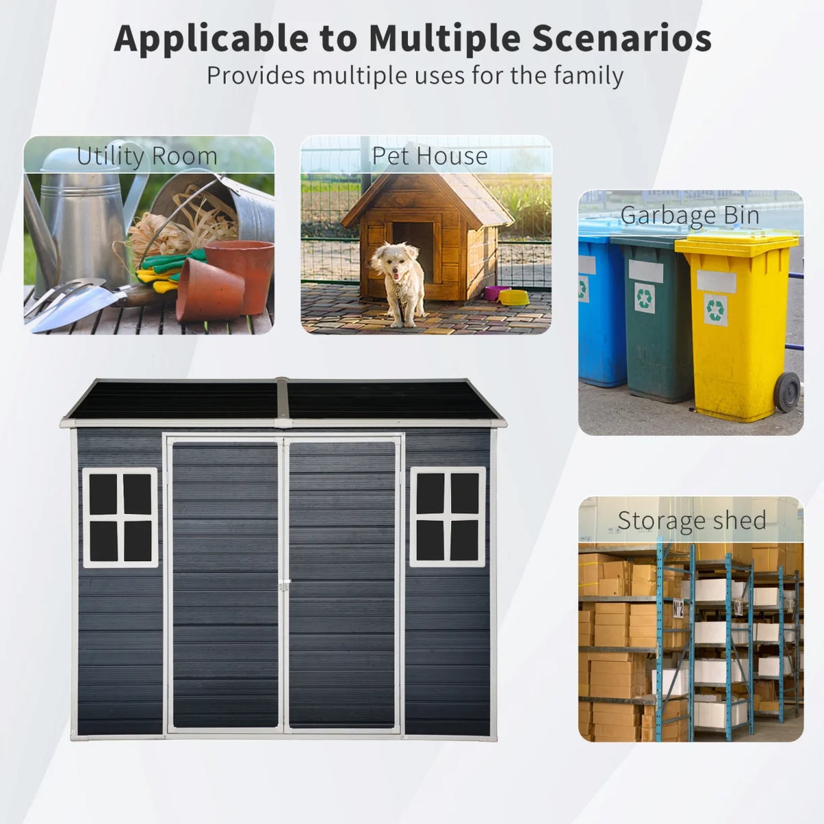 8x4 FT Outdoor Storage Shed with Floor, Resin Garden Sheds with Lockable Door, Vents & Windows, Weather Resistant Tool Shed with Sloped Roof for Backyard Patio, Grey