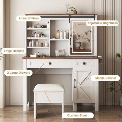 Montary Modern Mini Vanity w/Adjustable LED Mirror + Hidden Storage, Padded Stool & Dustproof Shelves (White)