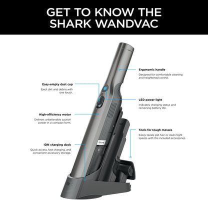 Shark Cordless Handheld Vacuum , Wandvac, for Pet Hair, Carpet & Car, Powerful suction, high speed brushless motor, ultralight weight, with easy emptying and charging dock, WV200, Graphite