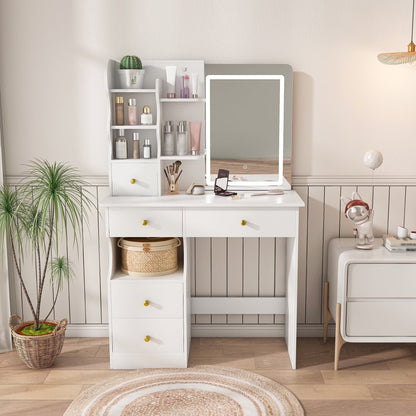 Montary Modern Mini Vanity w/Adjustable LED Mirror + Hidden Storage, Padded Stool & Dustproof Shelves (White)