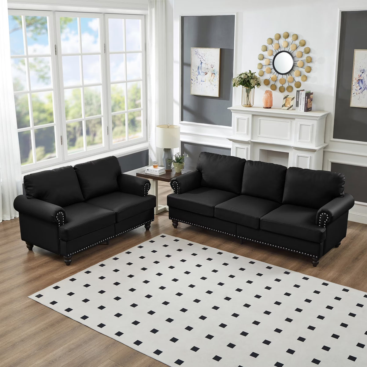 2 Piece Living Room Sofa Set, Modern Leather 3 Seater and Loveseat Sofa with Storage Seats and Rolled Nails Arms for Living Room, Brown