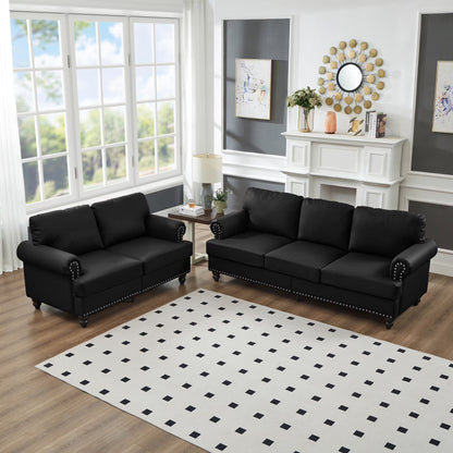 2 Piece Living Room Sofa Set, Modern Leather 3 Seater and Loveseat Sofa with Storage Seats and Rolled Nails Arms for Living Room, Brown