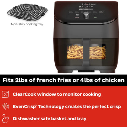 Instant Pot Vortex Plus 6-Quart 6-in-1 Air Fryer Oven with ClearCook Cooking Window, Digital Touchscreen, Nonstick and Dishwasher-Safe Basket, Includes Free App with over 1900 Recipes, Single Basket