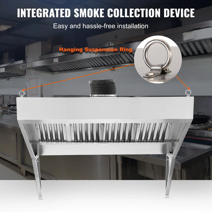KFFKFF 9FT Stainless Steel Exhaust Hood for Commercial Use, Suitable for Food Trucks and Concession Trailers, Includes 4 Removable U-shaped Grease Filtration Meshes, Durable and Resists Corrosion