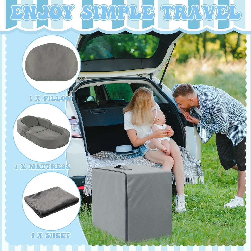 Coumy Toddler Travel Bed 2-in-1 Kids Sofa Chair with Removable Cover, Soft Foam Portable Foldable Toddler Bed for Travel with Carrying Bag, Blue