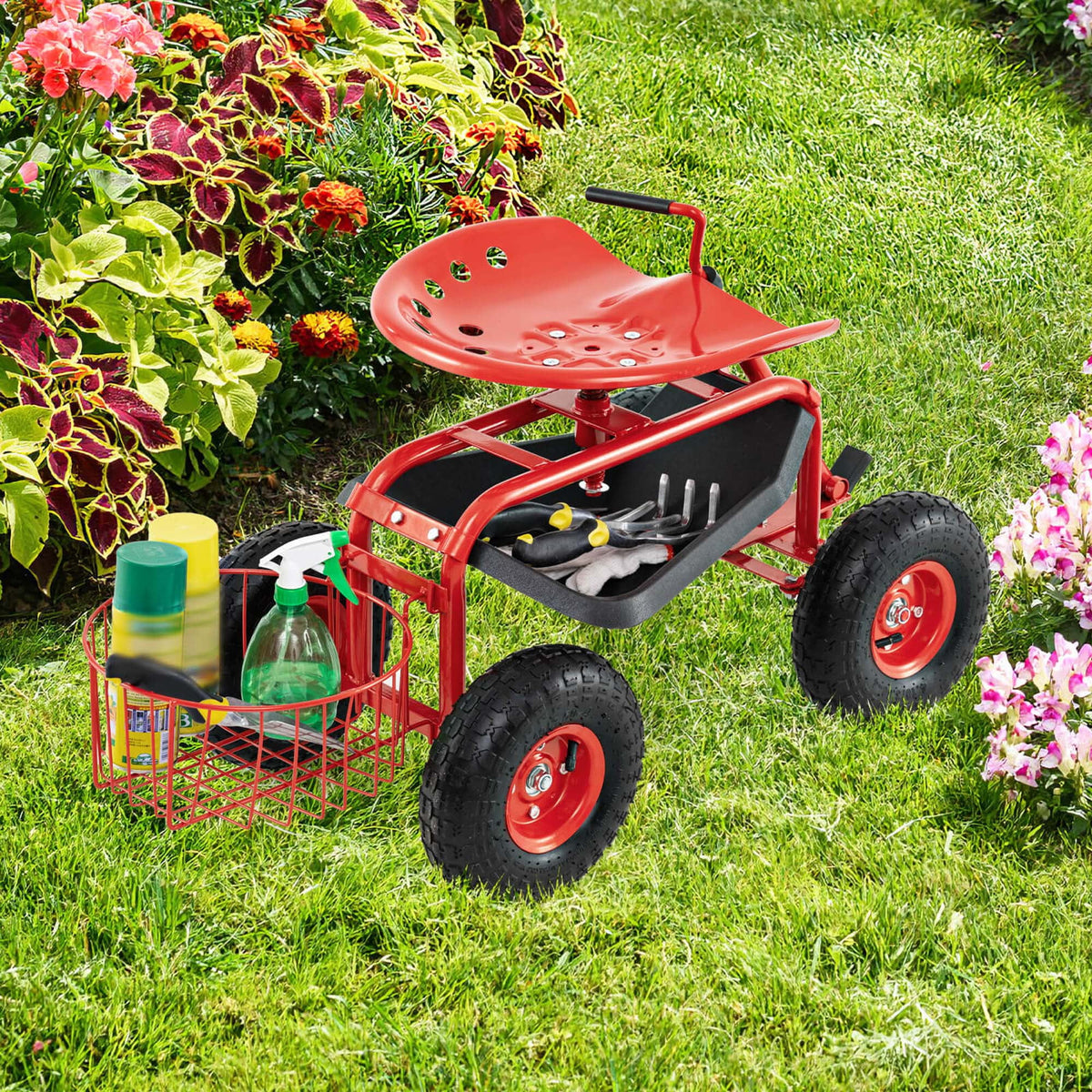 Costway Garden Cart Rolling Work Seat for Planting with Extendable Handle Green