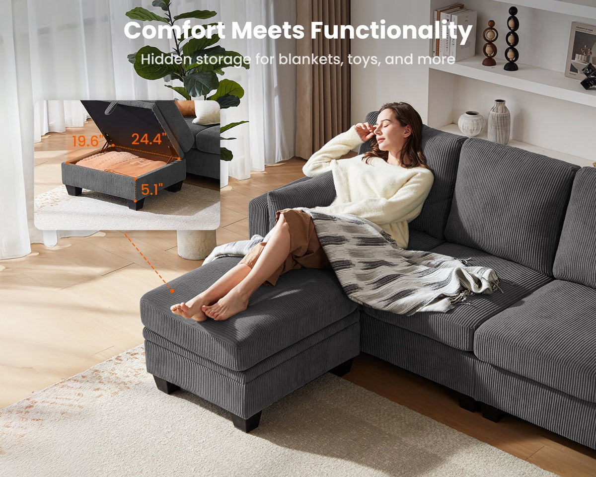CHIC HOUSE 154.5" Sectional Sofa with Storage Ottoman Chaise, Corduroy U Shaped Sofa Convertible Sectional Couches for Living Room, 12 Seater Corner Modular Sofa with Deep Seat Throw Pillows, Green