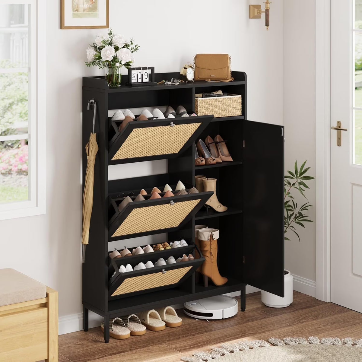 Garvee Rattan Shoe Storage Cabinet with Doors and 3 Flip Drawers, Freestanding Organizer with Adjustable Shelves for Entryway, Narrow Shoe Rack Cabinet for Hallway, Easy Assembly, Oak Color