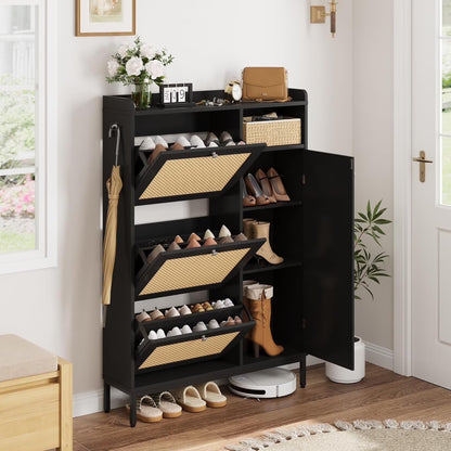 Garvee Rattan Shoe Storage Cabinet with Doors and 3 Flip Drawers, Freestanding Organizer with Adjustable Shelves for Entryway, Narrow Shoe Rack Cabinet for Hallway, Easy Assembly, Oak Color