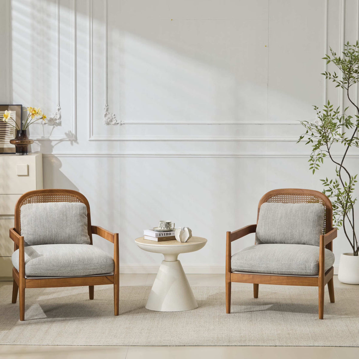 Christopher Knight Home Mid-Century Modern Accent Chairs, Wood Frame with Rattan Backrest, Grayish Green, Set of 2