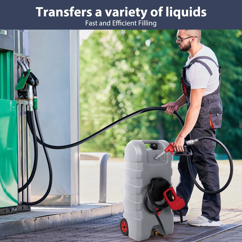 15 Gallon Fuel Caddy, Portable Gas Fuel Tank Container with LE Fluid Transfer Siphon Pump and 10ft. Delivery Hose, Diesel Storage Can On-Wheels for Cars, Lawn Mowers, ATVs, Boats, Gray