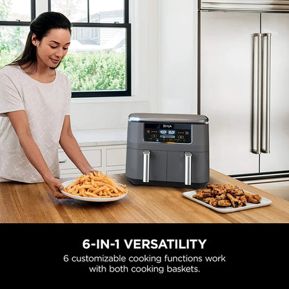 Restored Ninja DZ201 Foodi 6-in-1 2-Basket Air Fryer with DualZone Technology, 8-Quart Capacity, and a Dark Grey Stainless Finish (Refurbished)