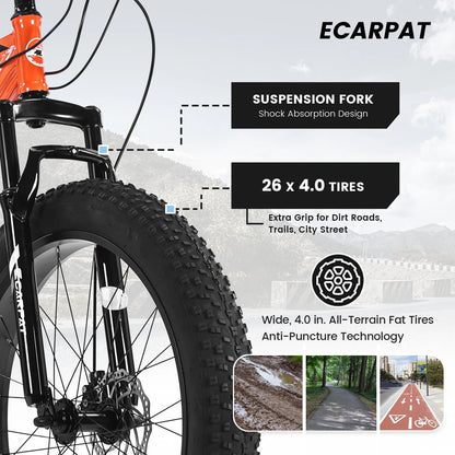 26-Inch Fat Tire Bike for Adults/Teens, Shimano 21-Speed Mountain Trail Bike with Dual Disc Brakes-Black
