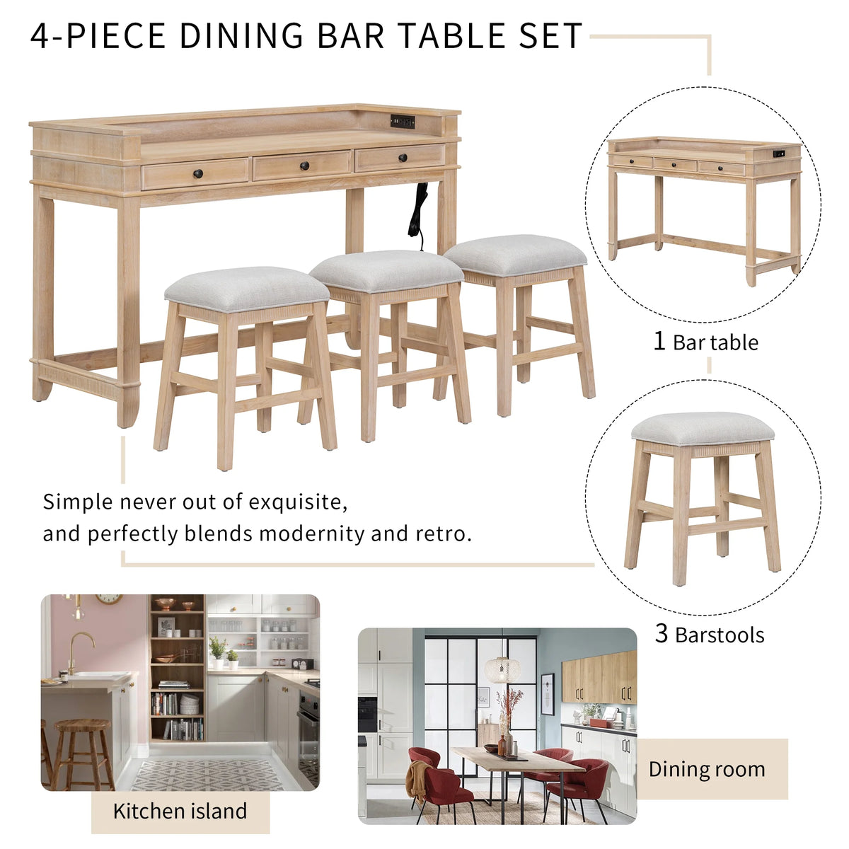 Harper & Bright Designs 4 Piece Bar Table Set for 4, Kitchen Dining Stools Set with 3 Upholstered Stools with 3 Drawers and USB Port, Gray