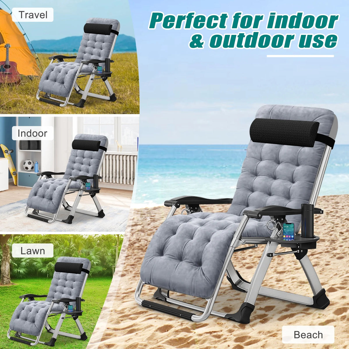 NAIZEA 2 Pack Zero Gravity Chair, Foldable Portable Lawn Recliner with Cushion, Headrest, Cup Holder, Black