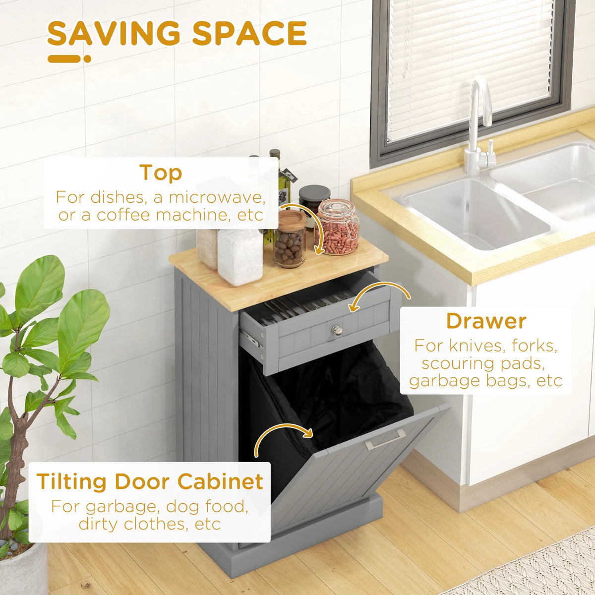 HOMCOM Kitchen Tilt Out Trash Bin Cabinet, Free Standing Recycling Cabinet