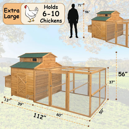 Chicken Coop for 6-10 Chickens, 112" Extal Large Chicken Coops, with Chicken Run & Nesting Box & Secure Enclosure, Outdoor Wooden Hen House Hutch for Rabbit, Poultry Pet, Duck