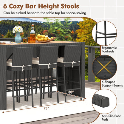 Costway 7 Pieces Patio Bar Set with Acacia Wood Tabletop & Removable Cushions Outdoor