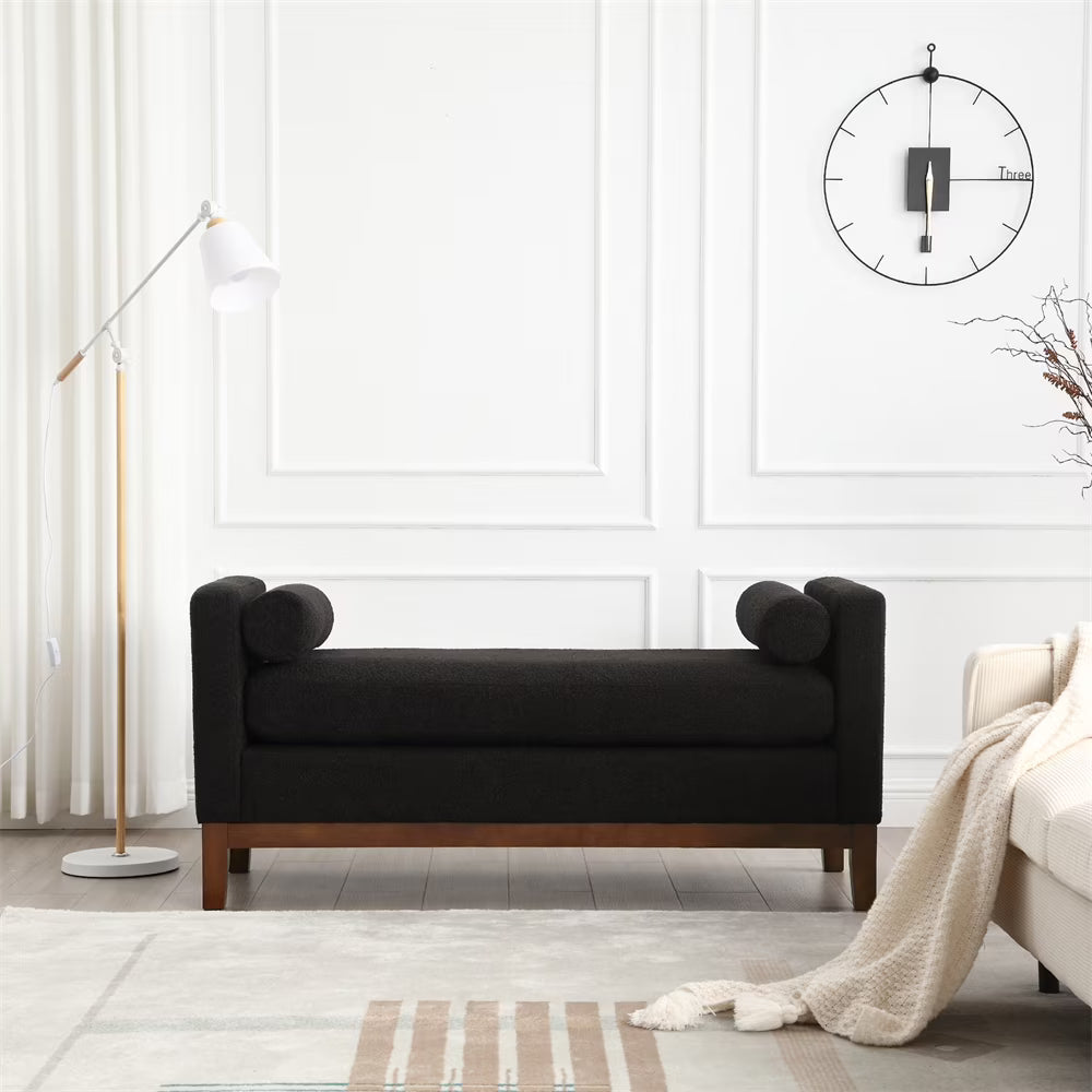 53.5"W Elegant Upholstered Bench with Wood Legs & Round Pillows,Comfy Boucle Fabric Footrest with Arms, Entryway Bench for End of Bed, Bedroom and Living Room, Ivory