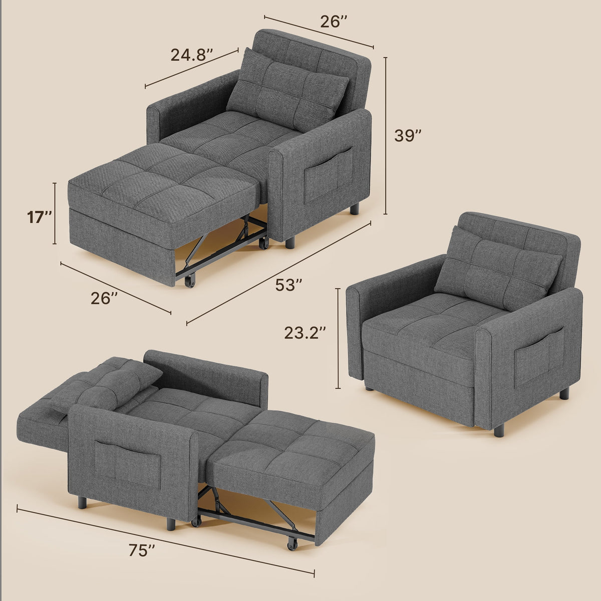 3 in 1 Convertible Sofa Bed Chair for Living Room , Aiho Sleeper Sofa Bed for Living Room, Dark Gray
