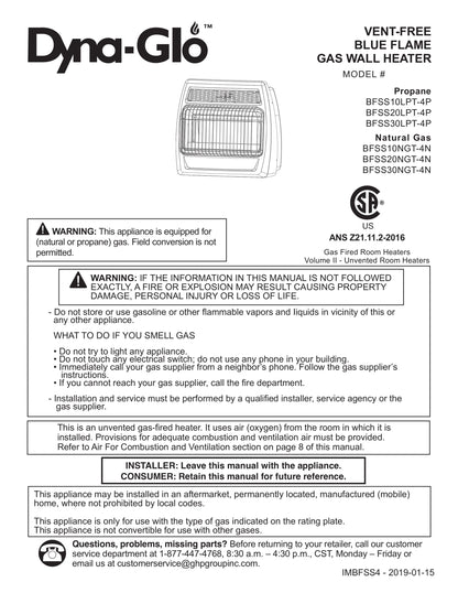 Dyna-Glo 20,000 BTU Liquid Propane Blue Flame Vent Free Thermostatic Wall Heater