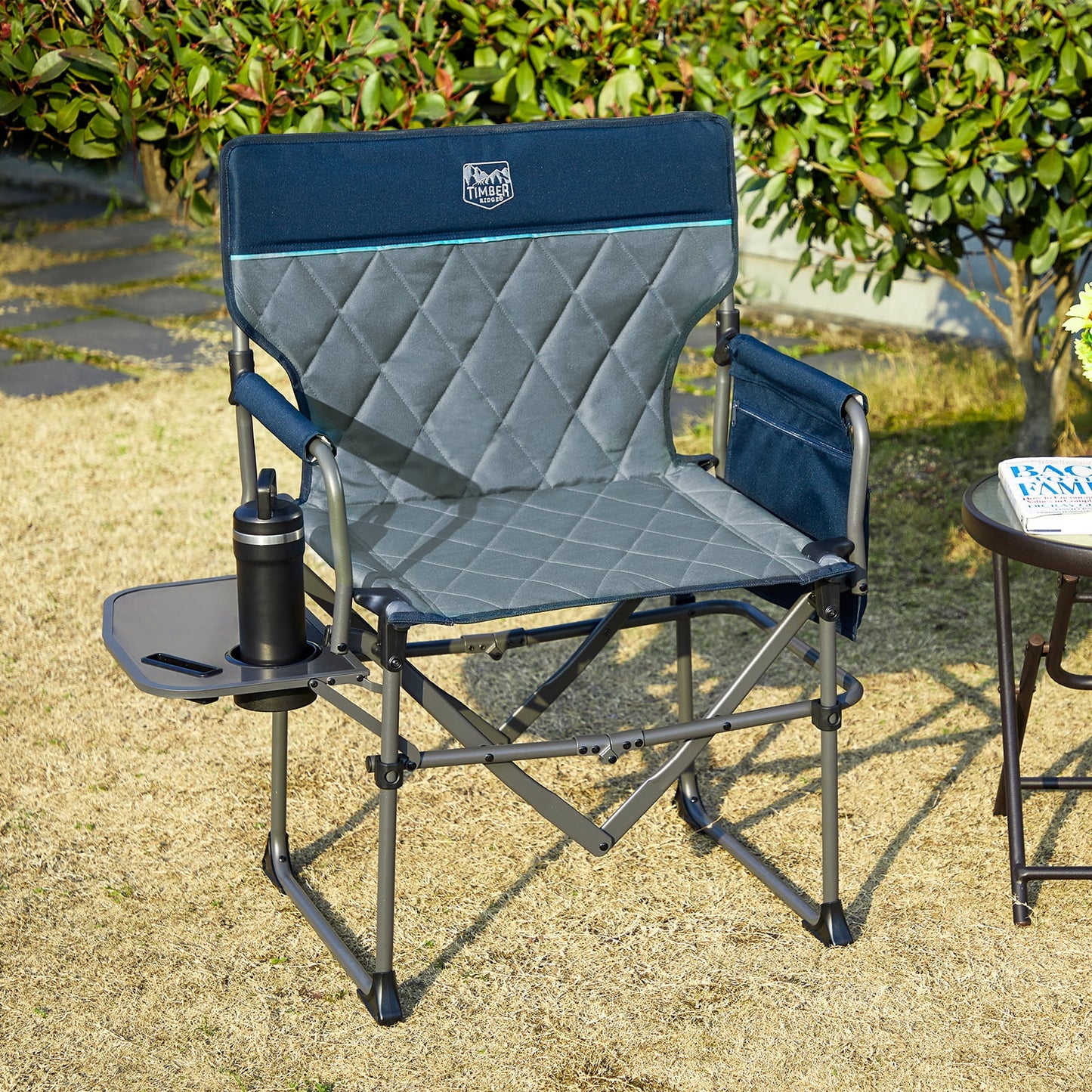 TIMBER RIDGE Portable Director Chair, Heavy Duty Camping Folding Chair with Compact Size with Side Pocket and Side Table, Support 400 lbs, Grey