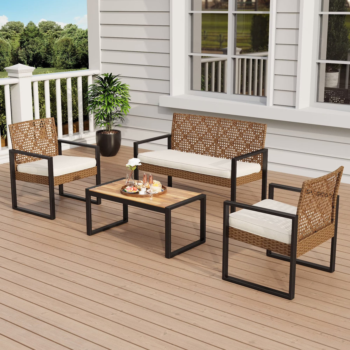 MF Studio 4-Piece All-Weather Rattan Patio Furniture Set, Outdoor Conversation Set with Wood Table, Brown and Beige