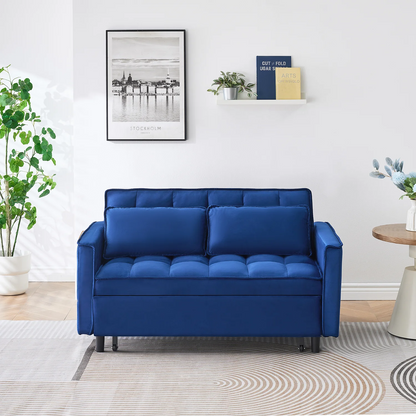 Adjustable Back Velvet Futon Sofa Bed, Modern Convertible Couples Sleeper with Side Pockets, Fold Down Couch for Living Room, Apartment,Blue
