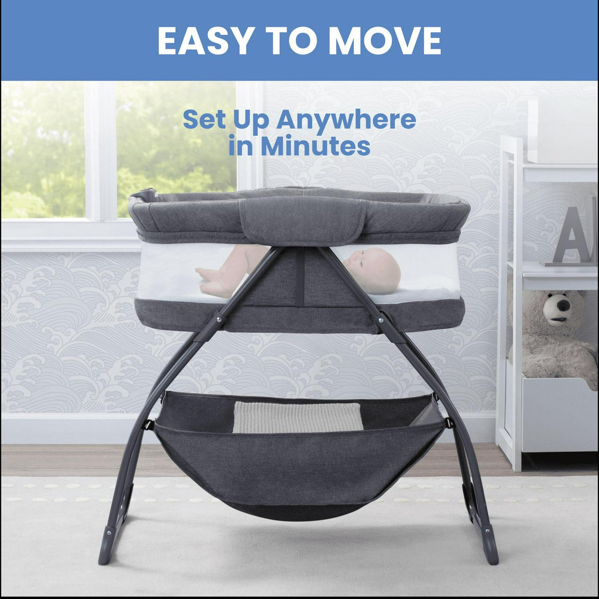 Delta Children TravelMate Compact Fold Bassinet - Features Lights. Sounds and Vibration. Grey Tweed
