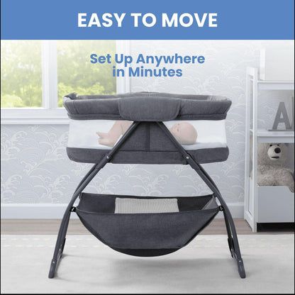 Delta Children TravelMate Compact Fold Bassinet - Features Lights. Sounds and Vibration. Grey Tweed