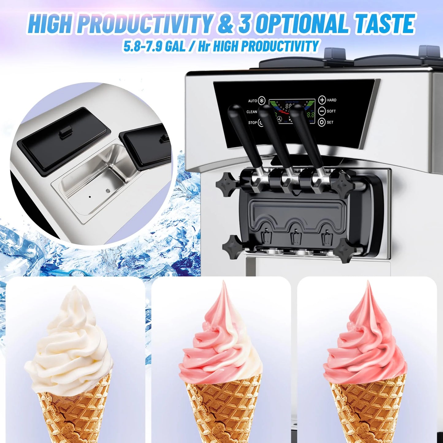 Tookss Commercial 3 Flavors Ice Cream Machine, 5.8 to 8Gal per Hour Soft Serve Ice Cream Maker,with Auto Clean, LCD Display for home Snack Bar Restaurants