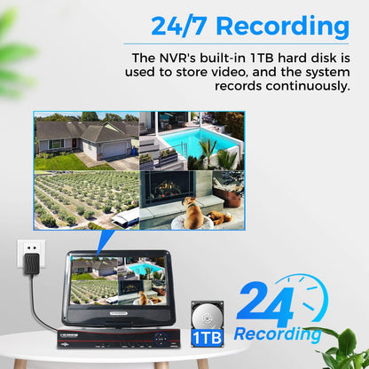Hiseeu Security Camera System with 10.1'' Monitor 10CH 1TB Hard Drive NVR, Wireless Wifi Cameras for Recording and Remote View, Home Security Camera System