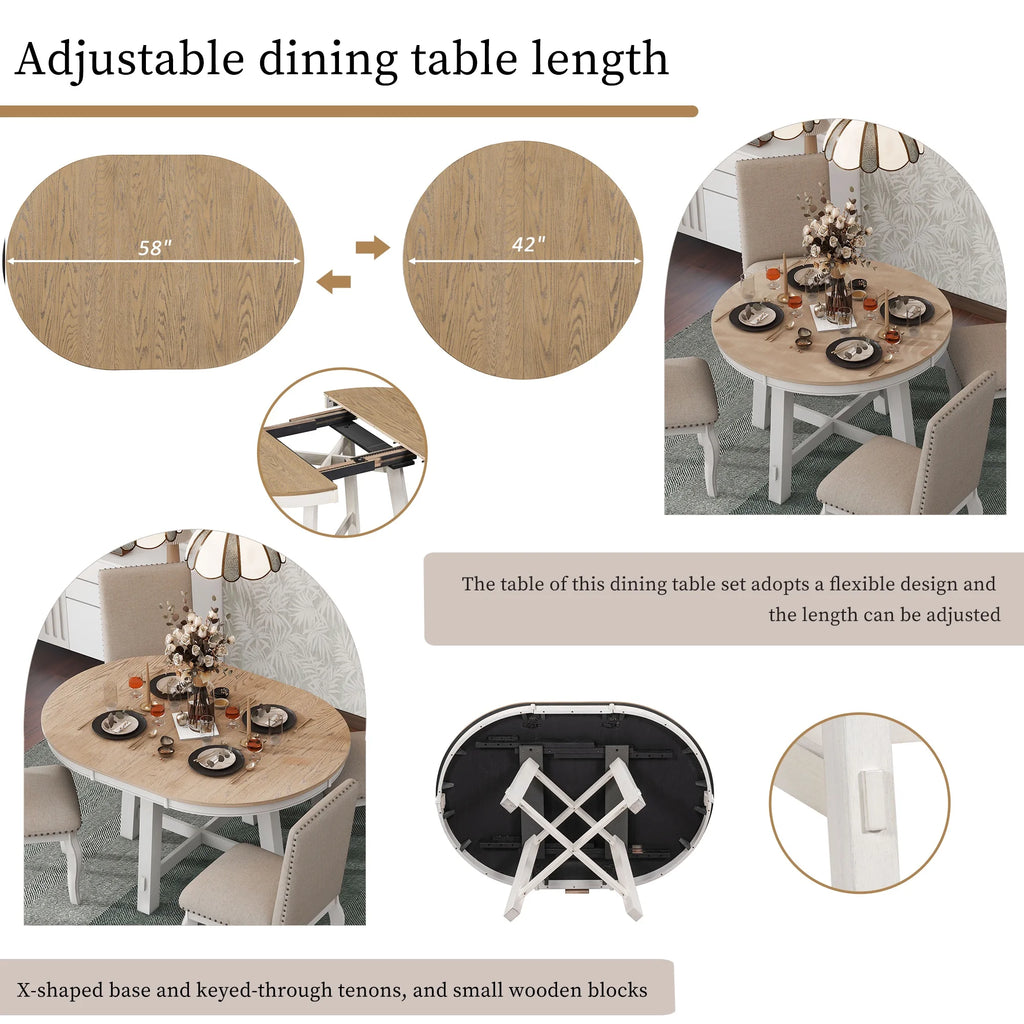 Bellemave 5-Piece Round Dining Table Set, Wood Farmhouse Extendable Dining Table and 4 Upholstered Dining Chairs, Kitchen Dining Table Set for 4 ��Antique White��