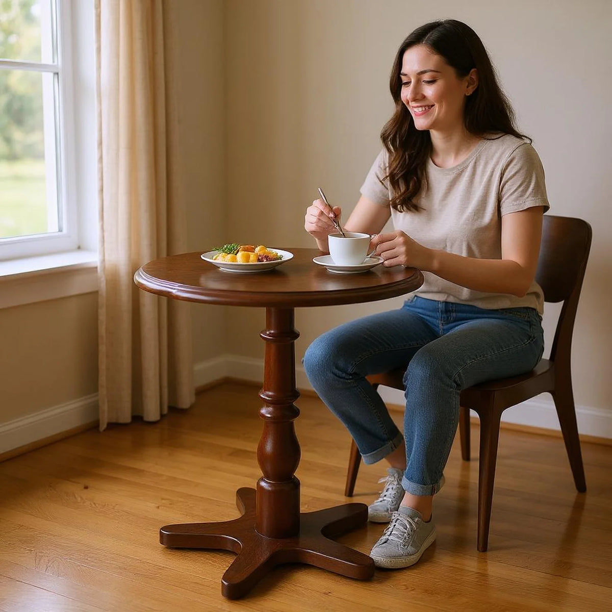 Homy Casa Round Pedestal Dining Table for Small Kitchen or Breakfast Nook, Walnut
