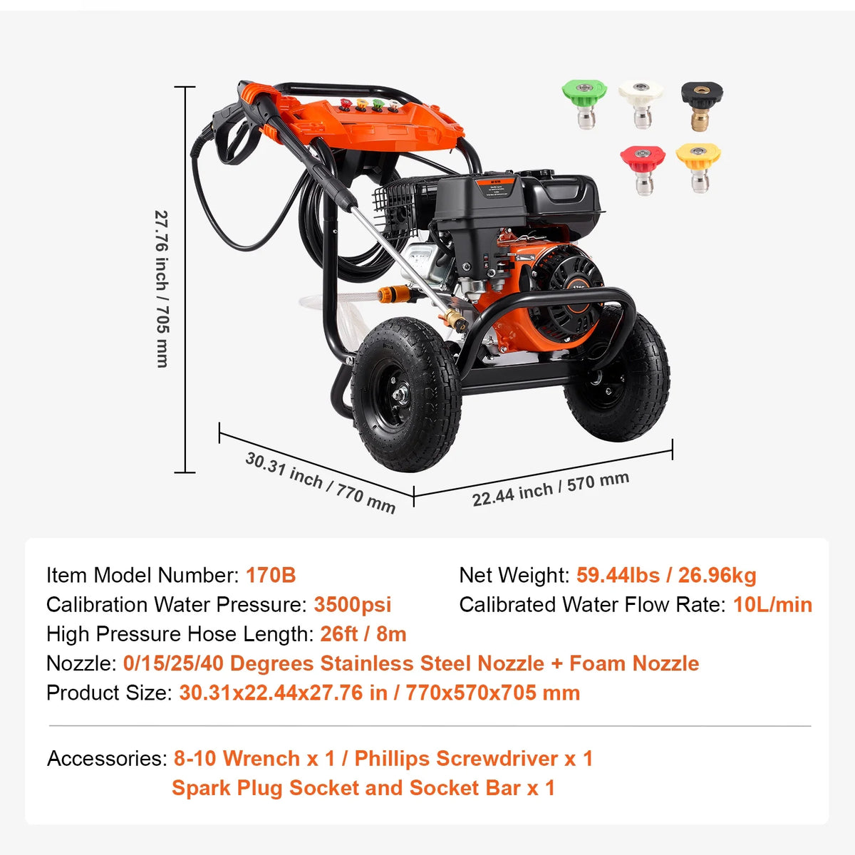 KFFKFF 3600 PSI 2.6 GPM Gas Pressure Washer w/26 ft High Pressure Hose 5 Nozzles Gas Powered Washer