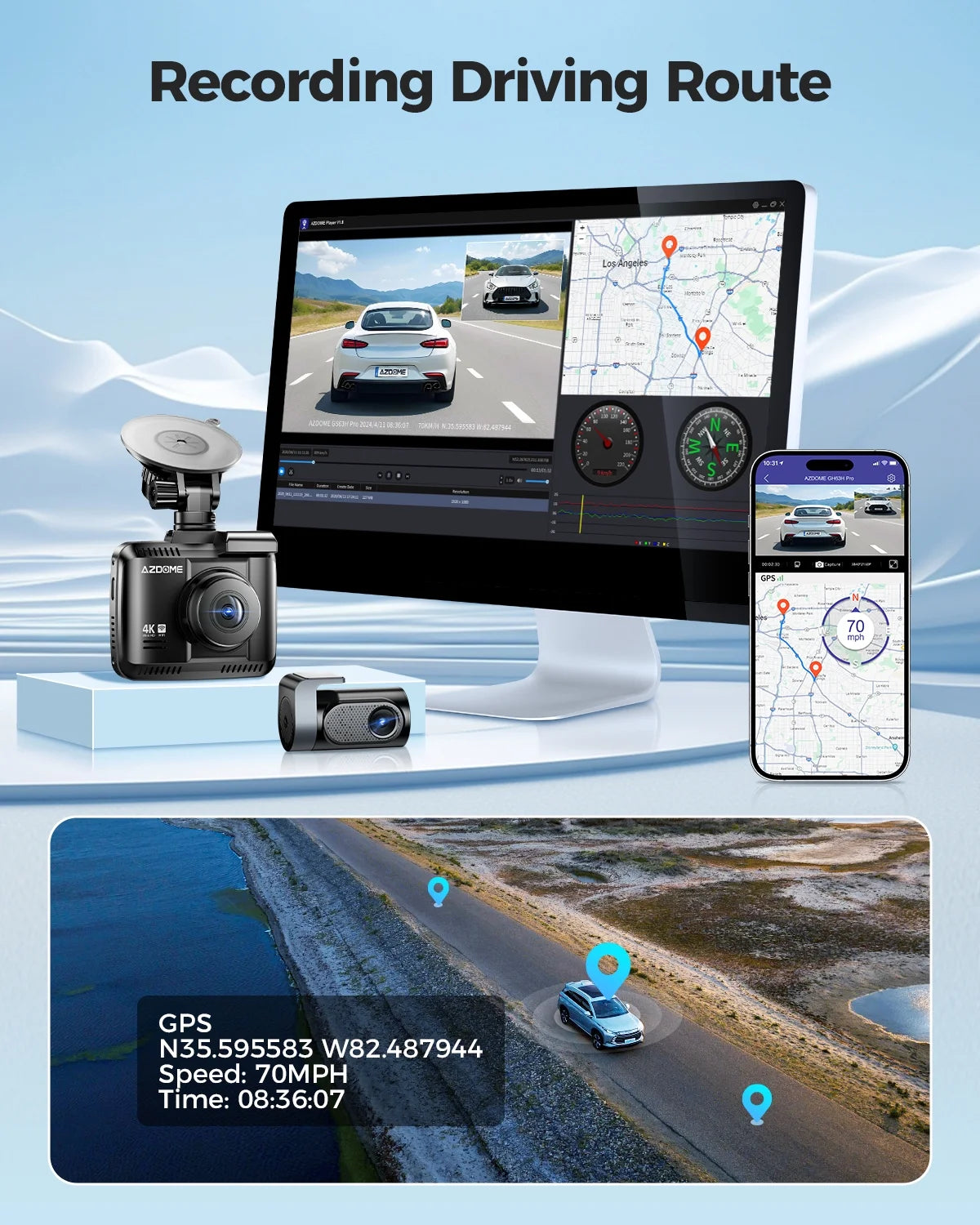 AZDOME Dash Cam Front and Rear, 4K+1080P Dual Dash Camera for Car, Dashboard Camera Built-in WiFi GPS, Free 64GB Card, Motion Detection, 24H Parking Mode, WDR Night Vision