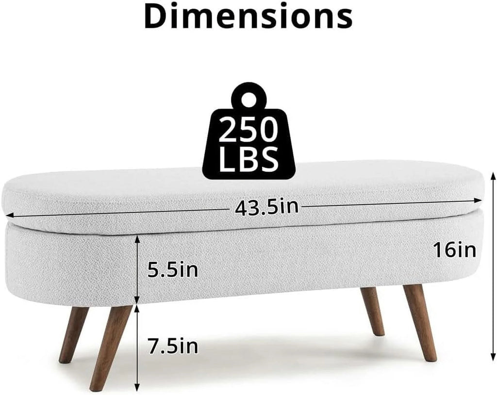 Sumdeal 43.5" Storage Ottoman Bench with 250lb Seating, Linen Upholstered Wood Legs Safety Hinge Flip Top Oval Foot Rest Long Stool for Sofa Couch Bedroom End of Bed Living Room Entryway, White