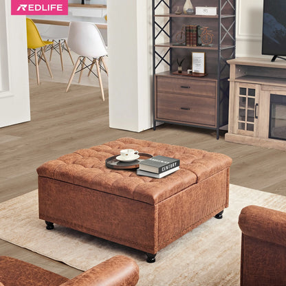 Redlife 35 Inch Large Square Storage Ottoman Bench, Storage Ottoman Coffee Table Large Square Ottoman with Storage Lift Top Tufted Storage Ottoman for Living Room (Brown Leathaire)