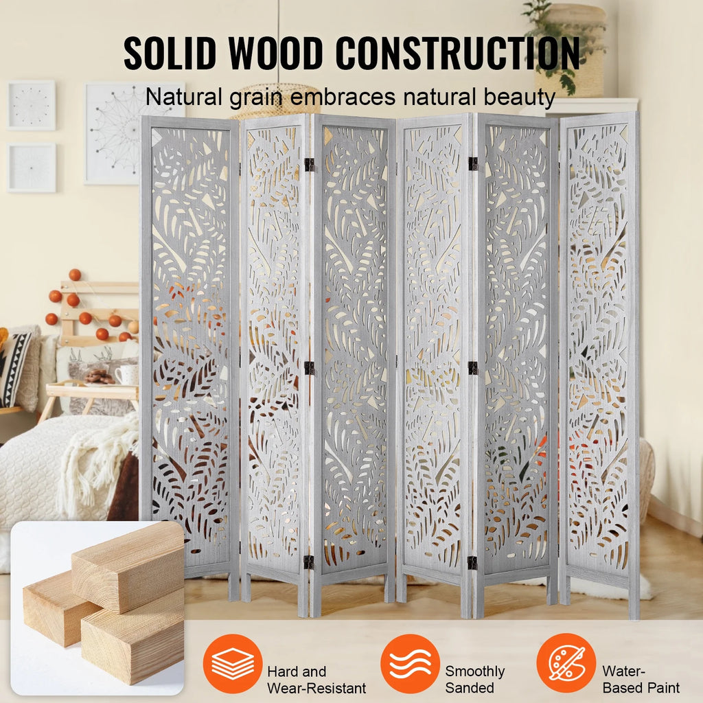 KFFKFF Wooden Space Separator, 6-Panel Foldable Privacy Barrier, 66.9 Inches High Indoor Engraved Partition Screen, Movable Decorative Panel, Ideal for Home, Office, Dining Area & Sleeping Quarters