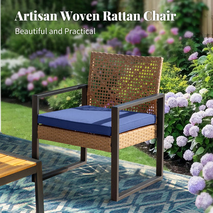 MF Studio 4-Piece All-Weather Rattan Patio Furniture Set, Outdoor Conversation Set with Wood Table, Brown and Beige