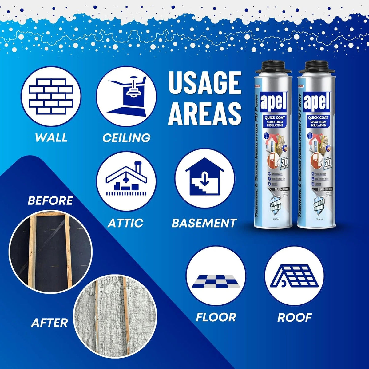 apel Spray Foam Insulation Kit (12 x 32.80 oz./240 Bd ft) Heat and Acoustic Insulation, Self Expanding Polyurethane Foam, Application Gun and Cleaner Included - 12 Pack