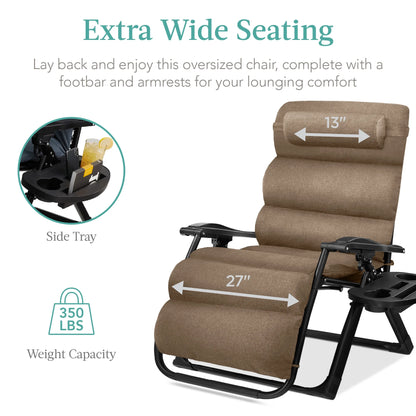 Best Choice Products Oversized Zero Gravity Chair, Folding Recliner w/ Removable Cushion, Side Tray - Fossil Gray